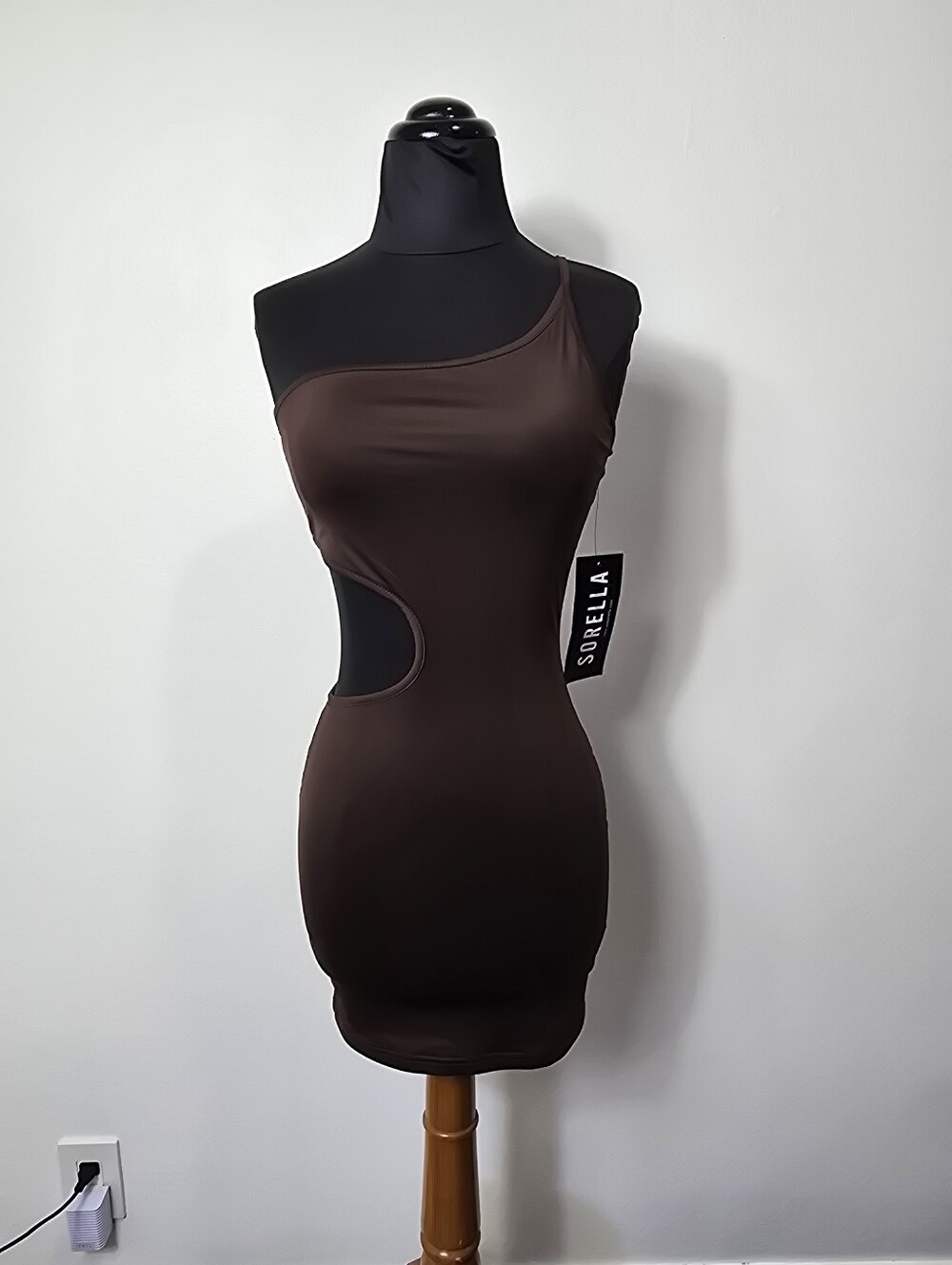 Sorella One-Shoulder Chocolate Brown Cutout Bodycon Dress.